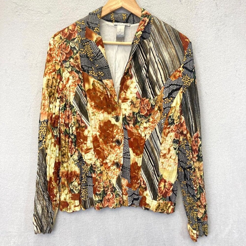 Alberto Makali Floral Abstract Crinkle Blazer Womens Large Patchwork Art to Wear